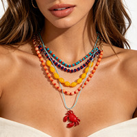 Collier pendentif crabe en plastique tressé à la main, multi-couches, perlé, style naturel, longueur clavicule, pour femme, plage