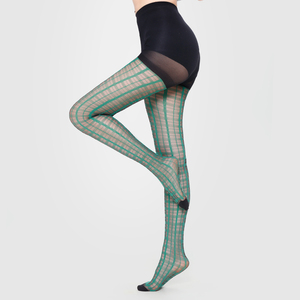 Collants pour femmes imprimés à motif grille verte, semi-transparents, <span class=keywords><strong>taille</strong></span> <span class=keywords><strong>haute</strong></span>, tendance - Product Image 1