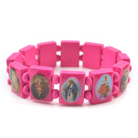 Bracelet en bois avec icônes religieuses, bijoux religieux, bracelet extensible en perles de bois, bracelet catholique chrétien, Saints et icônes