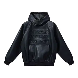 Custom PU Leather Embossed Letter Hooded Jacket Men's Leather Hoodie