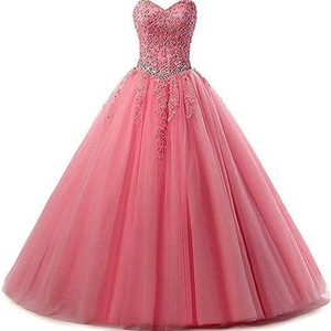 Pink Strapless Long Evening Gown Sweetheart Neckline Empire Waist Tulle Dress For Wedding Banquet Hostess Spring Style - Product Image 2