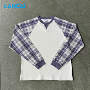 เสื้อยืดแขนยาวลายสก็อตสีสันตัดกันสำหรับผู้ชาย Lancai OEM Streetwear Thermals ผลิตจากผ้าวาฟเฟิลถักแบบหนาพิเศษ - Product Image 3