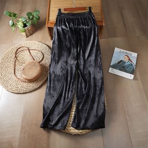 Traditional Chinese Embroidered Wide Leg Pants Black And White Loose Fit Casual Pants For Women With Floral Design - Product Image 4