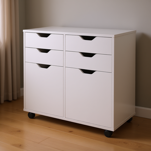 Armoire de rangement DB 100x70cm, 2 portes, 4 tiroirs, blanche, organisateur de bureau, design minimaliste, type sur pied - Product Image 2