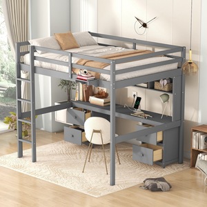 Lit mezzanine gris avec bureau et tiroirs, rangement multifonctionnel pour enfants, adultes et personnes âgées - Product Image 1