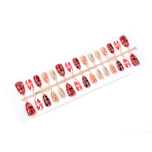 30Pcs Christmas Short Almond Wearable Nails Hand Painted Plaid Snowflake Gold Foil Rhinestone Press On Nail - Product Image 5