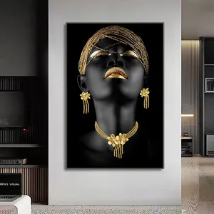 Modern Black Gold Posters Beauty Prints African American woman canvas painting wall art picture Black Girl Pictures