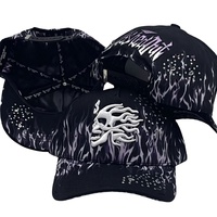 Casquette de baseball à visière plate avec strass motif crâne flamme, style Latin Rap Moto Punk Dark