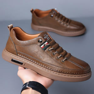 Chaussures en cuir décontractées pour hommes, à lacets, bout rond, semelle en caoutchouc, style tendance, baskets pour la marche, toutes saisons, couleur unie - Product Image 6