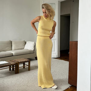 Ensemble Décontracté Blubelle <span class=keywords><strong>Femme</strong></span> 2 Pièces Uni Élégant : Gilet Col Roulé & <span class=keywords><strong>Jupe</strong></span> Longue Tricoté Tissé Tenue Estivale Tendance - Product Image 1