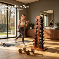 Ensemble d'haltères modernes en bois de noyer, poids libres de qualité supérieure pour l'entraînement de force, avec support vertical en bois pour salle de sport commerciale