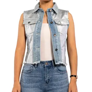 Customized Silver Coated Patchwork Raw Edge Sleeveless Denim Vest for Women New Design Cropped Jean Jacket