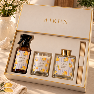 Coffret cadeau de parfum d'ambiance Aikun à motif citron, trois pièces coordonnées, comprenant bougie, diffuseur et spray d'ambiance, emballage de vente au détail, OEM - Product Image 1