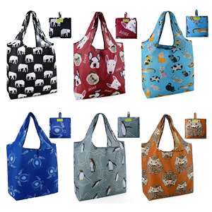 Custom Reusable Heavy Duty Polyester Shopping Grocery Bags with Pouch for Women Men
