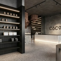 Diseño interior de cafetería, panadería y pastelería, personalización completa de la habitación, vitrina de vidrio, mostrador de bar, decoración de tienda de café