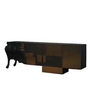 Meja konsol lemari bufet kualitas tinggi, desain mewah modern seni ukiran kayu padat hitam dan emas