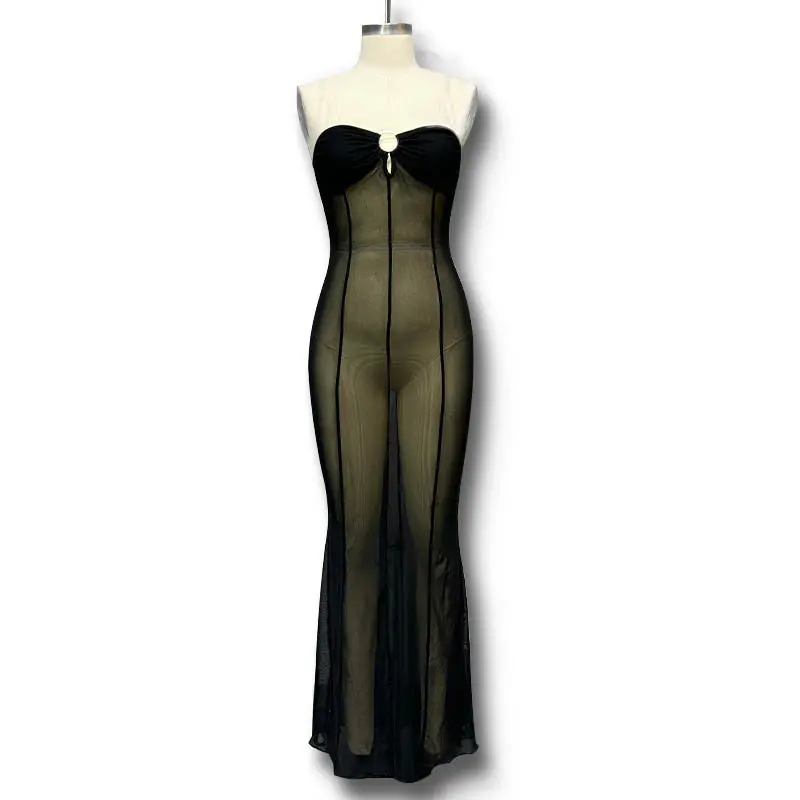 Vestido de verano de cuerpo delgado de glúteos de paquete transparente de gasa para mujer vestido negro vestido de noche sexy