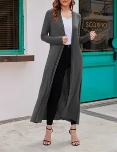 Cardigan da donna con drappeggio frontale aperto lungo fino al pavimento leggero Maxi spolverino con tasche cardigan grigio