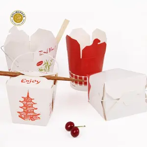 Caixa de macarrão impressa personalizada descartável, parte redonda quadrada 26oz pla biodegradável eco-caixa de papelão de papel saudável com alça