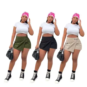 Yaz moda kadınlar 2023 Streetwear ekleme düzensiz A-Line etekler şort düğmesi ön Wrap Flare seksi kargo şort