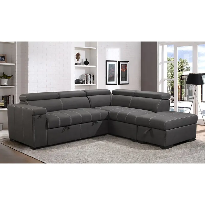 European Living Room Stone Grain Leather Sofa Set Furniture L Shaped Sleeper Sofa with Pull Out Bed Coffee Table at Arm Sofa Bed