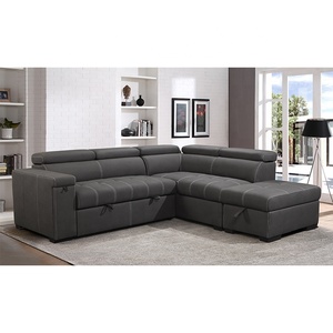 Set di Divani in Pelle Effetto Pietra per Soggiorno Europeo, <span class=keywords><strong>Divano</strong></span> a L con <span class=keywords><strong>Letto</strong></span> Estraibile e Tavolino da Caffè Integrato - Product Image 1