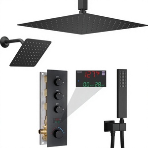Système de douche pluie en laiton nickel brossé - Pommeau de pluie de plafond 16 pouces, douchette à main, jets latéraux muraux, ensembles de robinetterie thermostatique, glissière - Product Image 3