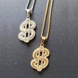 朋克美元标志项链不锈钢钱包钱袋吊坠18k镀金嘻哈美元钞票链男士项链