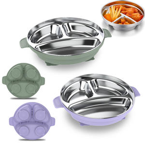 Assiette en silicone et acier inoxydable, ronde compartimentée en acier inoxydable 304, vaisselle pour enfants, vaisselle à ventouse pour bébé - Product Image 1