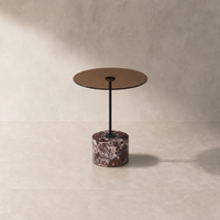 Table d'appoint en marbre violet-rouge naturel avec plateau en verre fumé, base sculpturale en forme de tambour, mobilier de salon moderne et luxueux, personnalisable