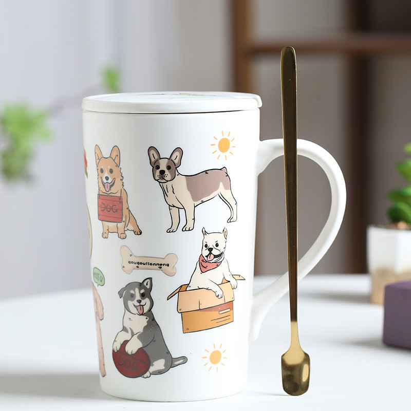 Couvercle en porcelaine de ligue à crochet pour chien numérique de 16 tasses, cuillère en or