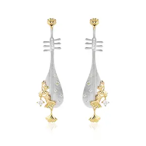 HAIKE Original 925 Sterling Silver Antique Craftsmanship Dual Color Chinese Style A Versatile Apricot Leaf Pipa Drop Earring