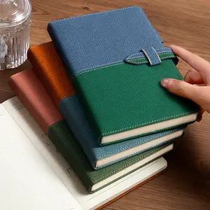 A5 logo kustom kanvas imitasi pola patchwork kulit penutup keras gesper bisnis buku harian notebook dengan pena