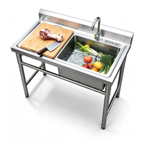 Évier commercial en acier inoxydable avec plateforme de travail et zone de drainage, bac de préparation et de lavage pour cuisine avec zone de découpe, taille personnalisable disponible