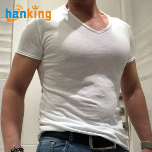 Ehanking T-shirt uni à col en V coupe ajustée pour homme, hauts de course à manches courtes, à col en O - Product Image 5