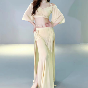 Ensemble de costumes de <span class=keywords><strong>danse</strong></span> du ventre pour femmes, 2 pièces, haut à épaules dénudées, manches évasées, jupe fendue, pour la <span class=keywords><strong>danse</strong></span>, les spectacles, les répétitions, les fêtes, les compétitions - Product Image 1