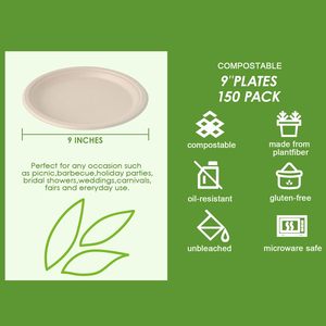 150 Pack 9 Inch Heavy-Duty Disposable Paper <strong>Plates</strong> 100% Compostable Bagasse Natural Biodegradable Sugarcane Eco-Friendly - Product Image 5