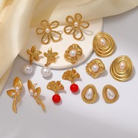 Anting-anting tusuk mewah antialergi dari baja tahan karat dengan desain tetesan air, bunga, mutiara, dan geometris yang berlebihan untuk wanita