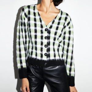 <span class=keywords><strong>Pull</strong></span> à motif à carreaux Vintage <span class=keywords><strong>dessin</strong></span> cardigan femme sans bouton de cravate col blanc porter - Product Image 5