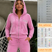 Ensemble 2 pièces en velours personnalisé pour femme, veste à capuche zippée et pantalon évasé, survêtement décontracté avec logo en strass, collection automne-hiver