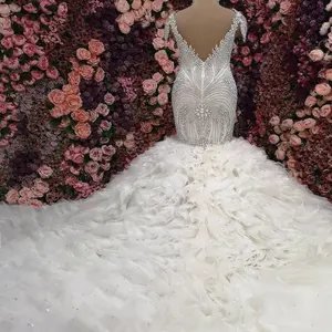 Gaun Pengantin Manik-manik Kristal Mewah Gaun Pengantin Putri Duyung Tulle Ruffles Panjang Kereta Pernikahan Vestidos Dibuat Sesuai Pesanan