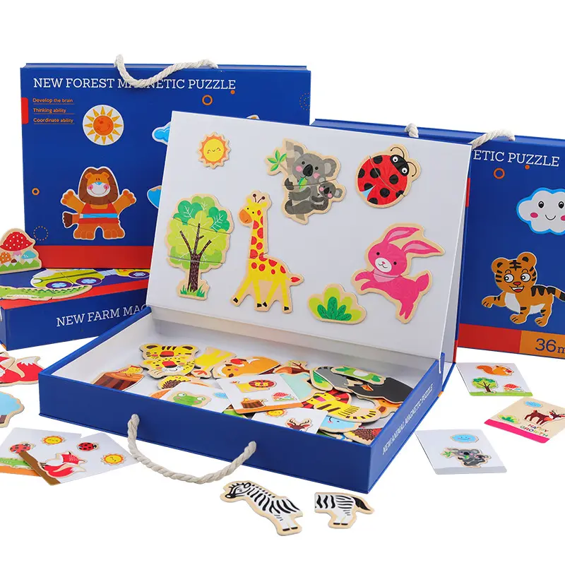 2021 wooden forest farm zodiac animal magnetic puzzle diy children's educational development hand-carried portable boxed puzzle