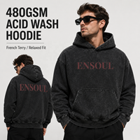 Sweat-shirt à capuche en molleton français 480 GSM coupe classique, délavé à l'acide, style vintage, personnalisable OEM/ODM, imprimé streetwear pour hommes