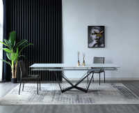 Table à manger extensible en verre trempé super blanc de style moderne et simple avec base en acier inoxydable croisée pour salle à manger
