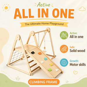 Gimnasio Interior Plegable 7 en 1 con Columpio Ajustable y Base Secreta, Gimnasio Interior de Madera para Niños Pequeños - Product Image 4