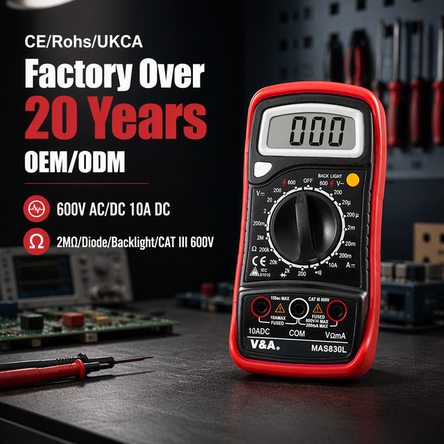 MAS830L Manual Range Digital Multimeter 1999 Counts AC/DC 600V DC Current 10A 2M Ohm Continuity Buzzer Data Hold Backlight