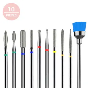 Popular 10Pcs Carborundum Diamond Cuticle Nail Drill Bits Box Set Portable Rotate Burr Clean Electric Nail Bits