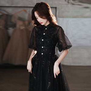 Black Evening Gown Women A-Line Chiffon Stand Neck Long Sleeve Elegant Formal Dress For Arts Exam Vocal Music Student Host - Product Image 4