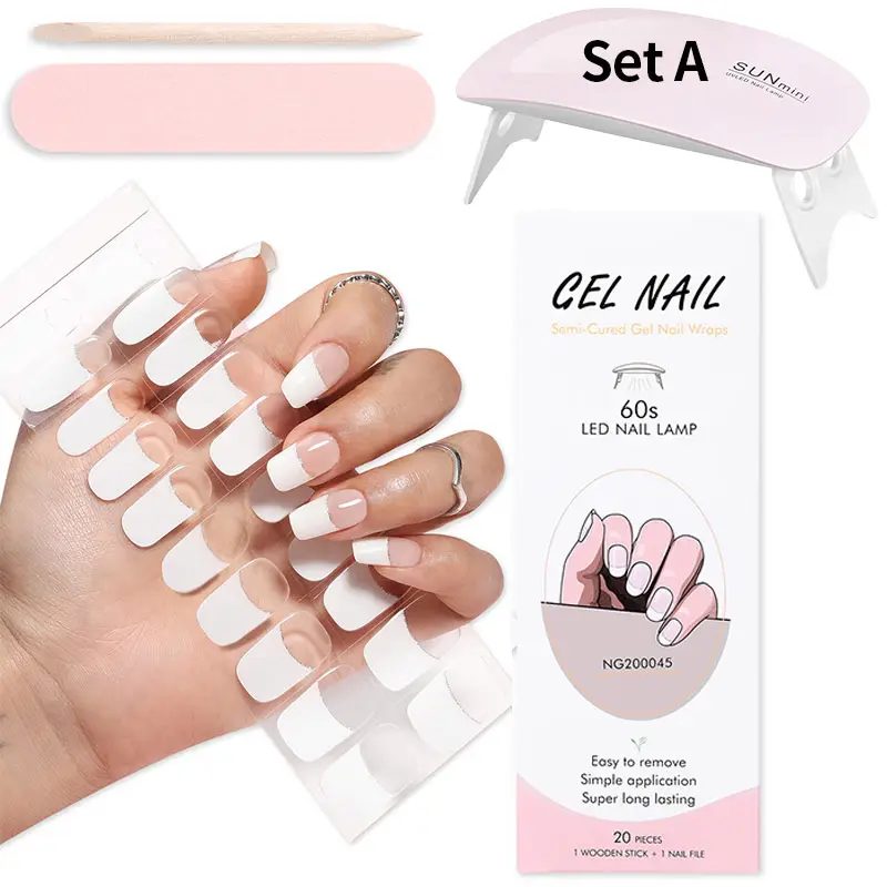 Semi-Cured Gel Nail Sticker with UV Led Lamp Set Manicure Decor Clear French Nail UV Sticker Full Cover Nail Wraps