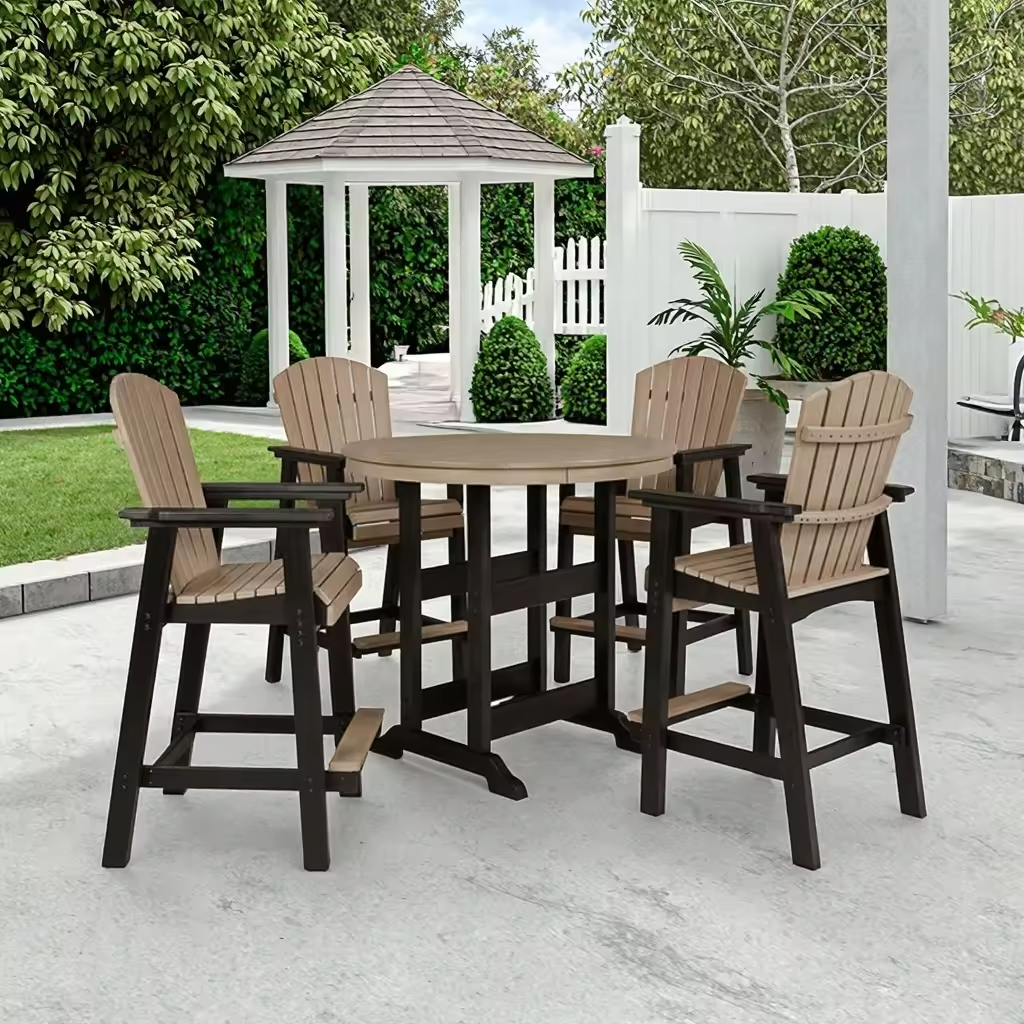 Serie de mesas y taburetes de bar.